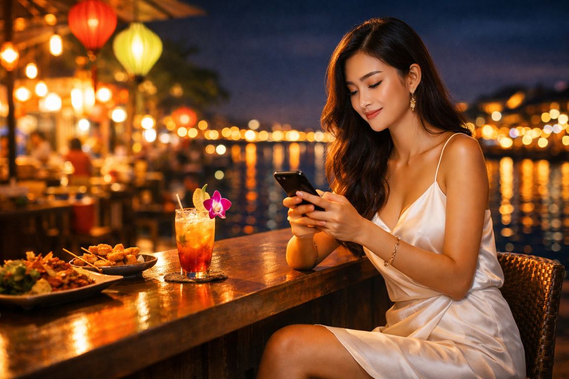 Người dùng truy cập khuyến mãi casino trên điện thoại tại chợ đêm miền Tây sông nước